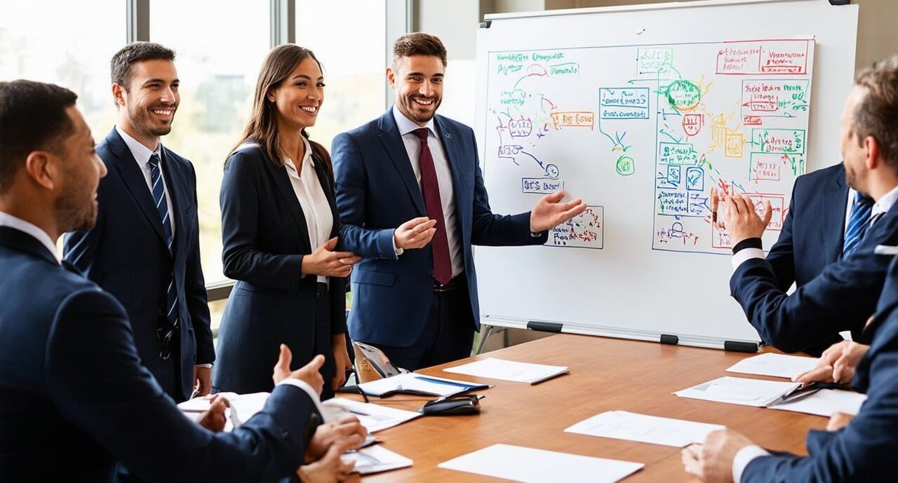 An in-house G&M cohort working through a strategy session at the whiteboard